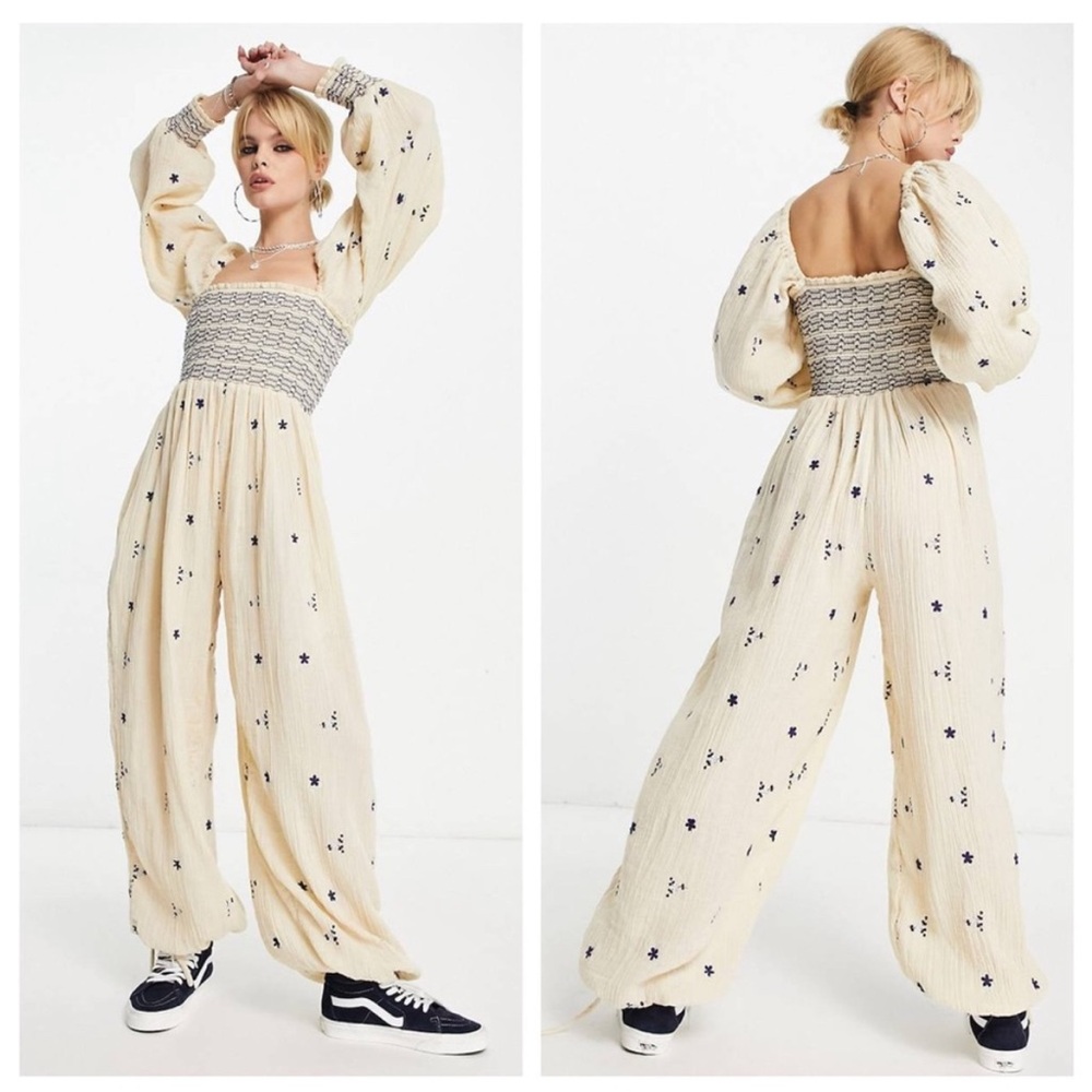 Free People Embroidered Smocked Puff Sleeve Jumpsuit in Ecru 100% Cotton Sz xs